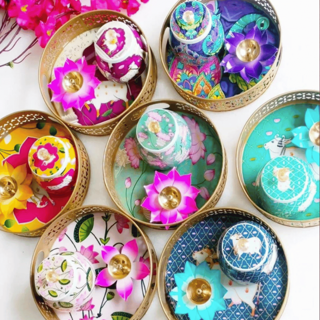 Pichwai Basket with Meena Print Jar & Colorful Lotus Diya – Festive Gift Hamper | Diwali, Wedding & Corporate Gifts | GS121