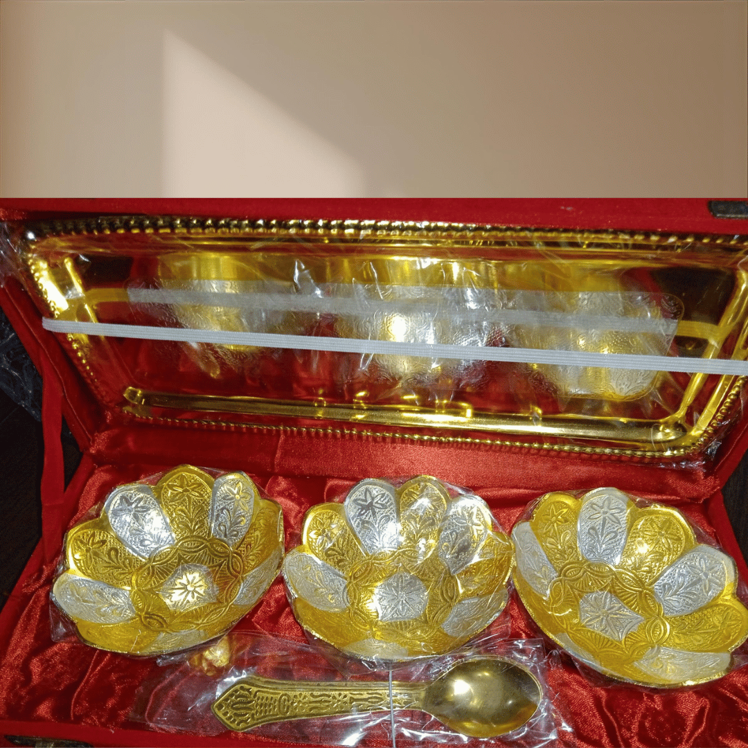 German Silver & Gold Plated Lotus Design Three Bowl Set with Tray & Spoons | Premium 7 Pcs Gift Set