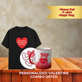 Black t-shirt with red heart design, white mouse pad with pink heart, and red mug with teddy bear and heart on a wooden surface.
