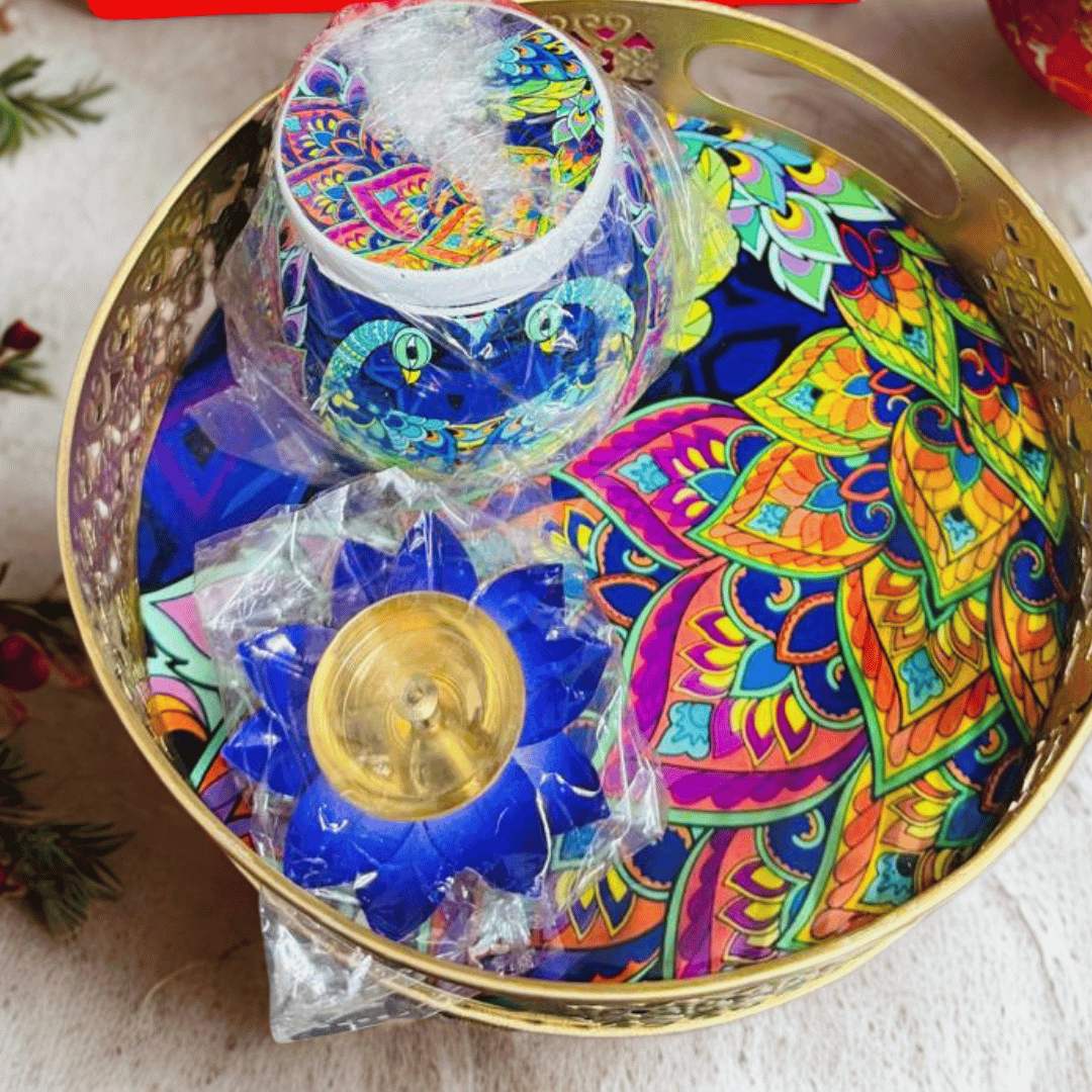 Pichwai Basket with Meena Print Jar & Colorful Lotus Diya – Festive Gift Hamper | Diwali, Wedding & Corporate Gifts