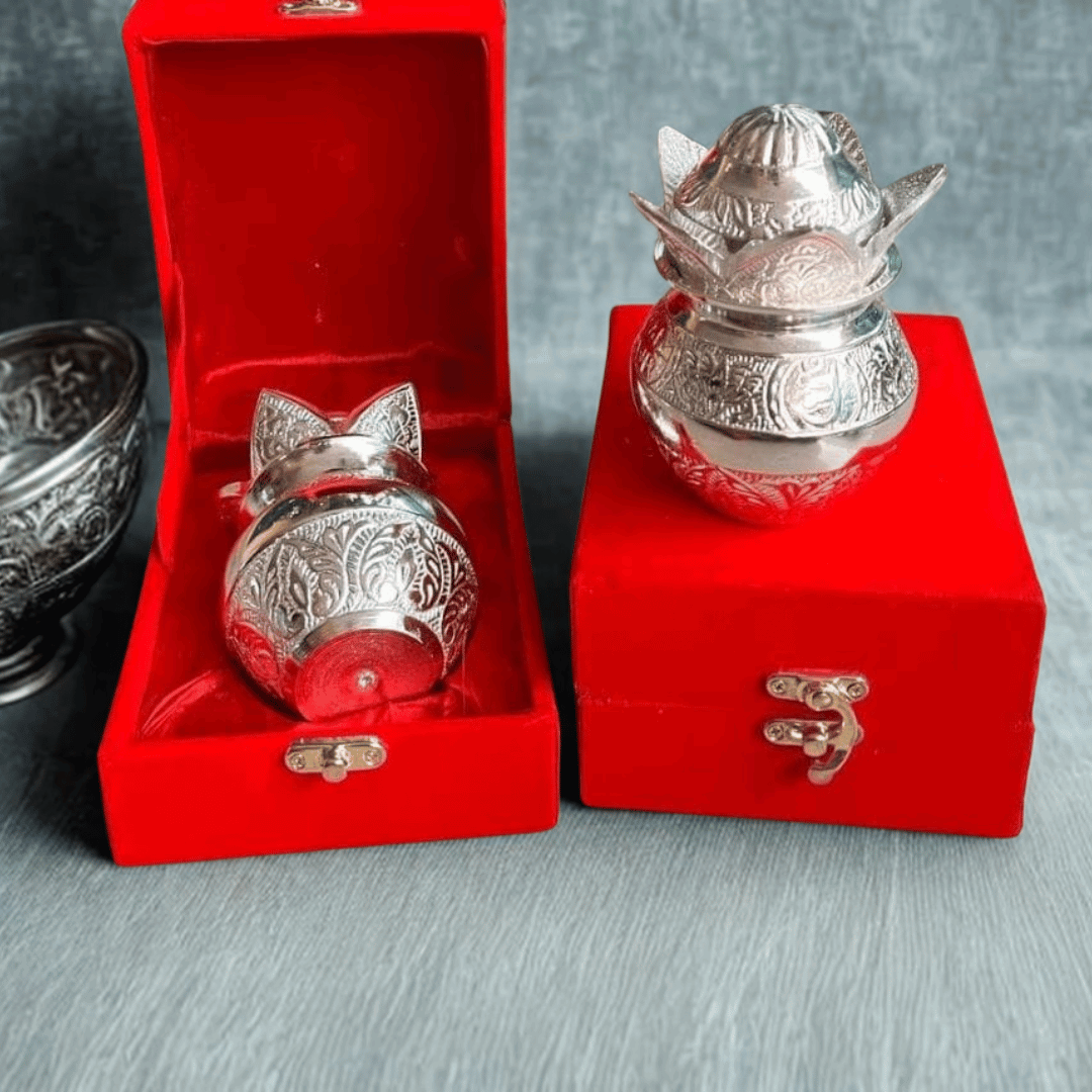 German Silver Kalash with Coconut & Leaves – Decorative Pooja Kalash for Gifting (with Velvet Box Packing)