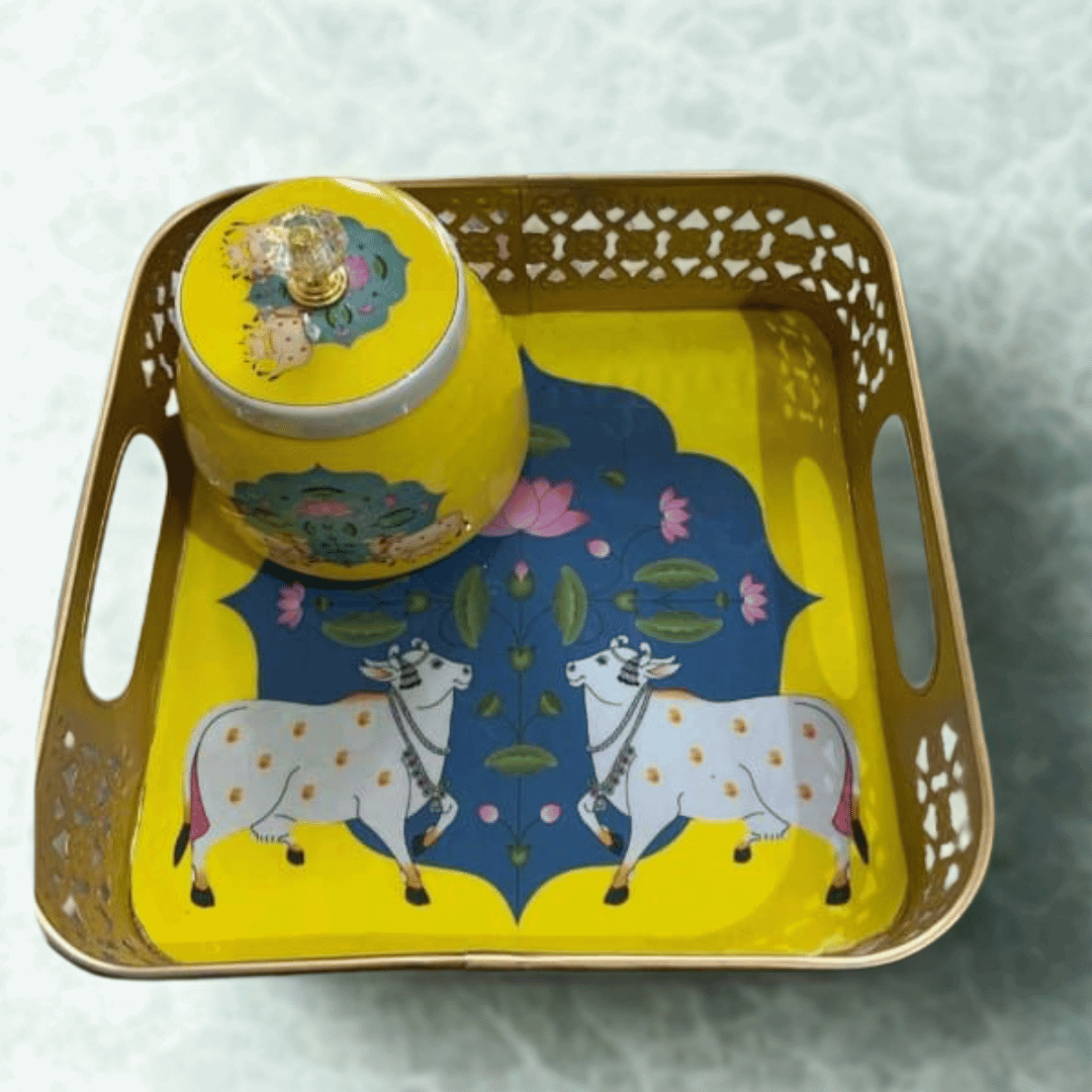 Pichwai square Basket with Meena Print & 1 Jars – Festive Gift Hamper