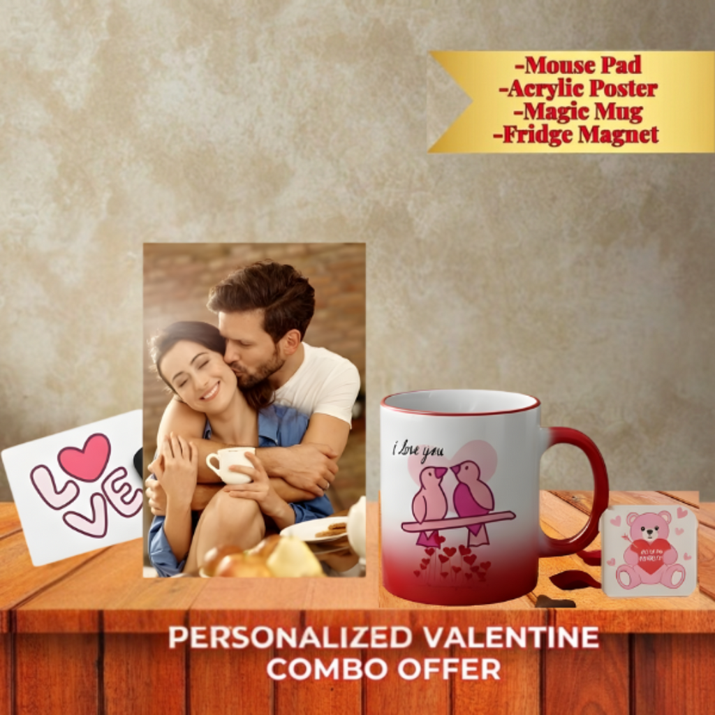 Personalized Valentine's Day products including a mug, mouse pad, and poster on a wooden surface.