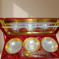German Silver & Gold Plated Flower Design Three Bowl Set with Tray & Spoons | Premium 7 Pcs Gift Set