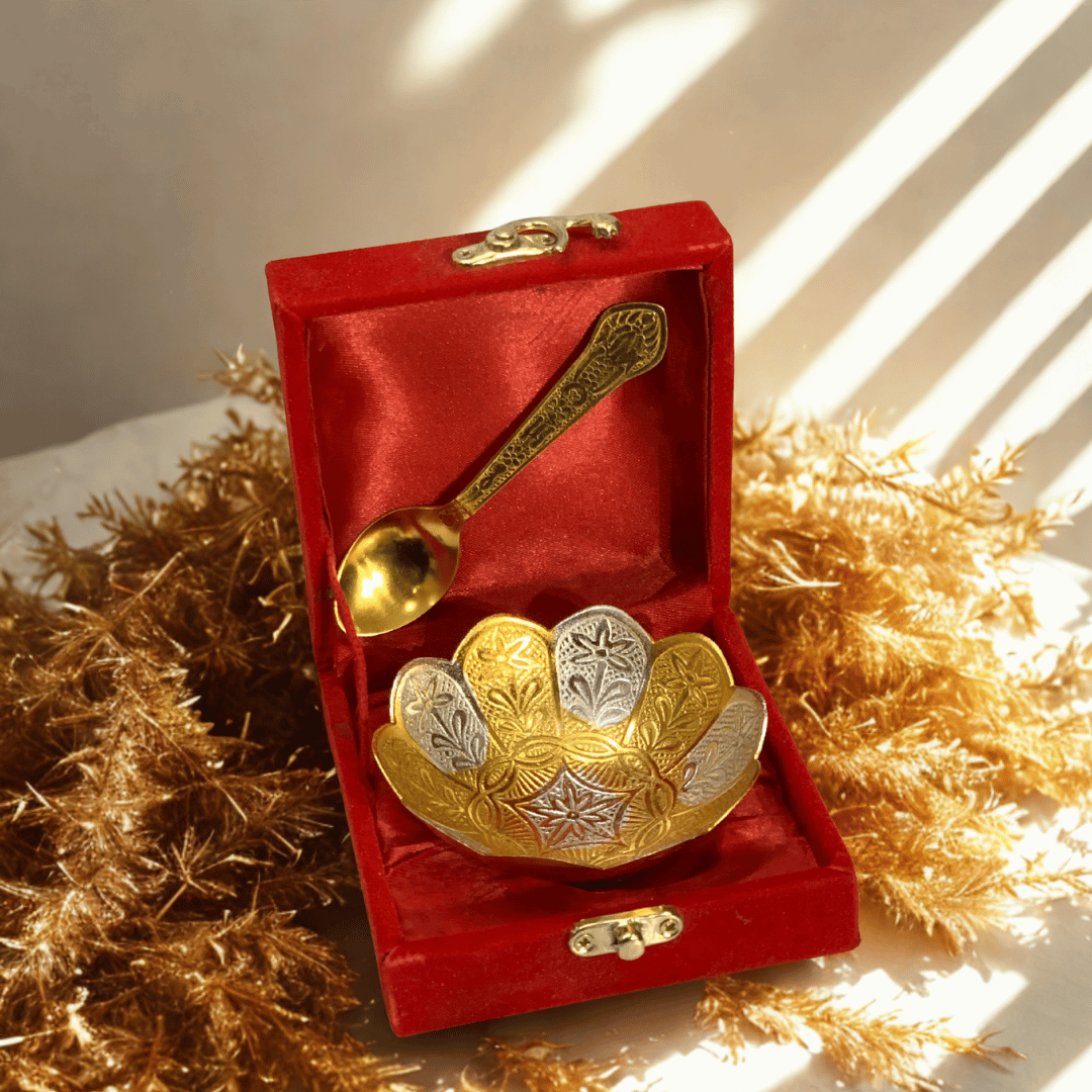 Gold & Silver Plated Bowl with Spoon | Decorative Gift Set in Velvet Box | GS102