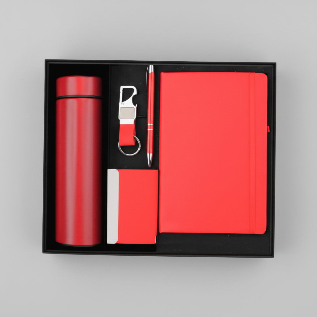 5-in-1 Premium Custom Corporate Gift Set – Temperature Bottle, Metal Pen, Key Chain, Card Holder & Notebook