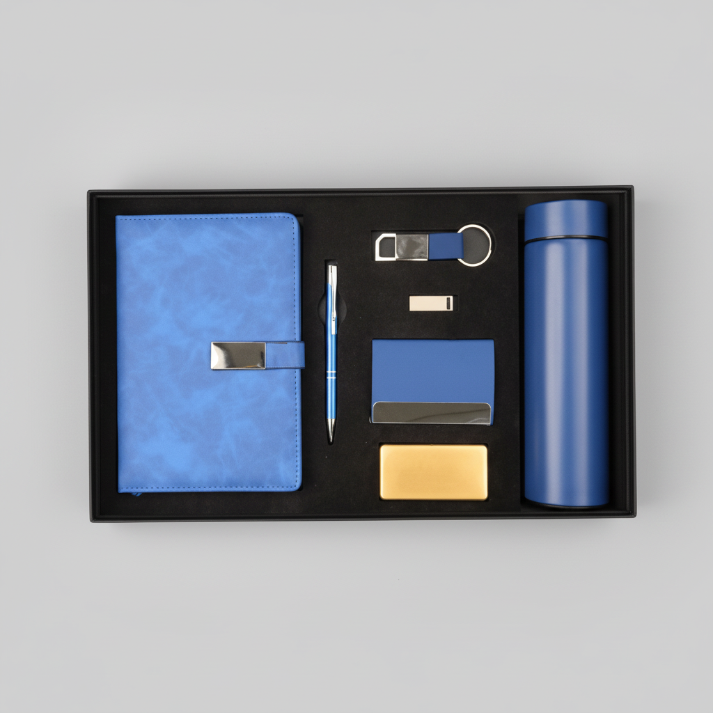 7-in-1 Premium Custom Corporate Gift Set – Temperature Bottle, Abott Notebook, Pen, Card Holder, Key Chain, Pendrive & Paper Weight