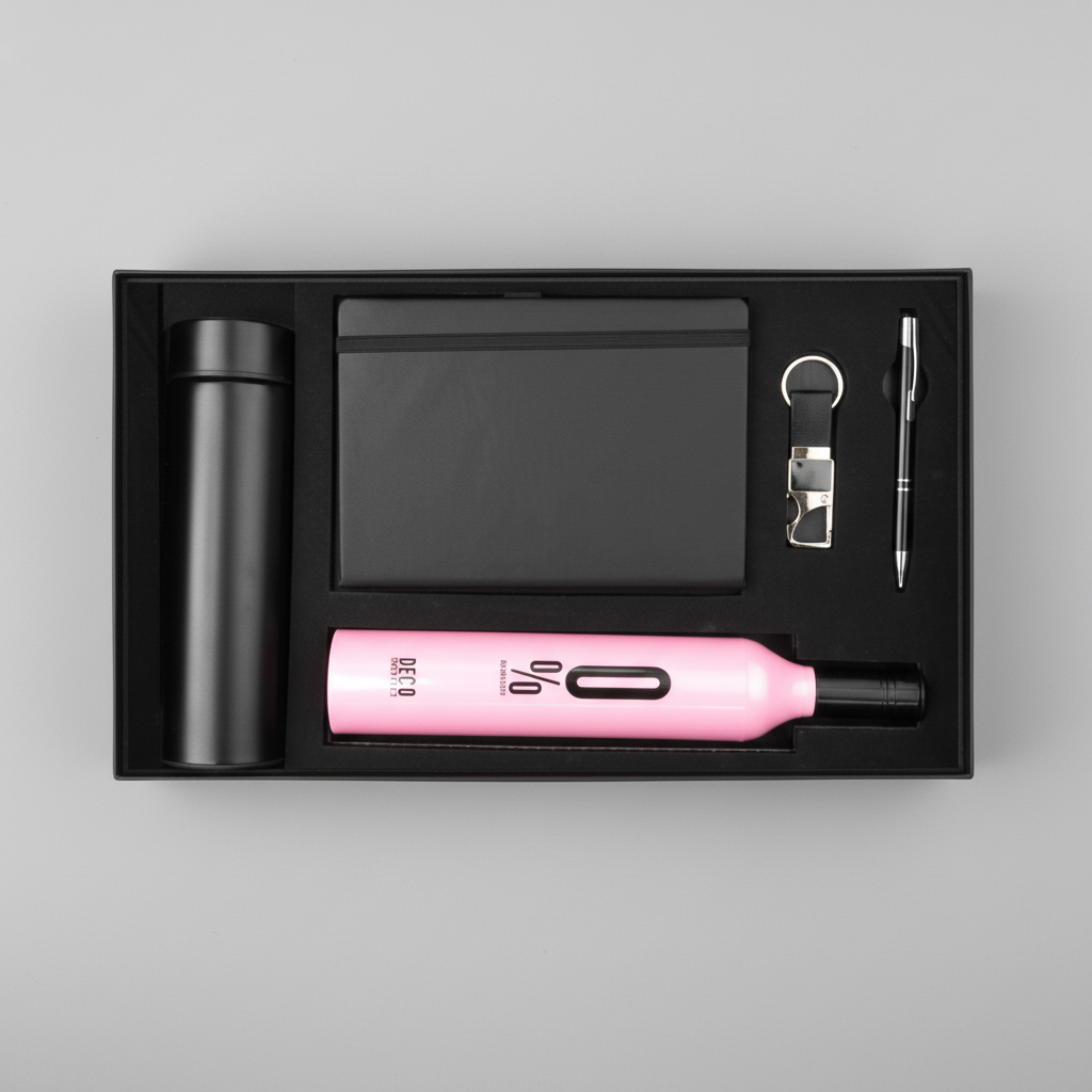 5-in-1 Premium Custom Corporate Gift Set – Temperature Bottle, Notebook, Key Chain, Pen & Umbrella