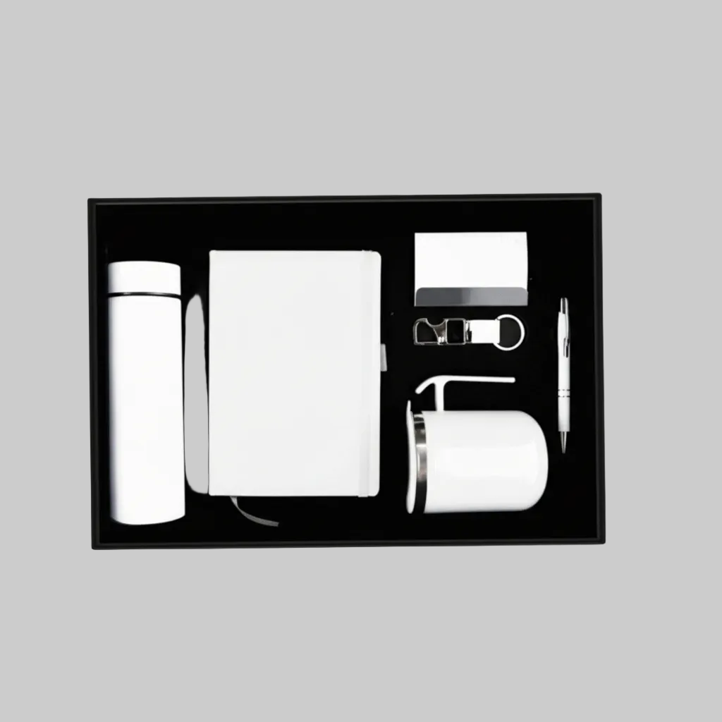 6-in-1 Luxury Custom Corporate Gift Set – Temperature Bottle, Mug, Notebook, Pen, Key Chain & Card Holder