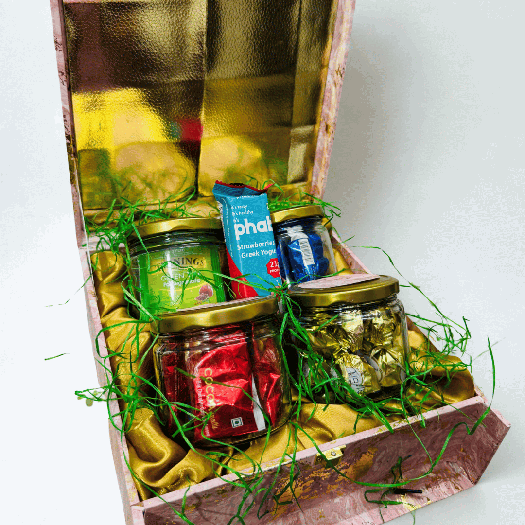 Luxury Suitcase Style 4-in-1 Jar Gift Hamper – Kunafa from Dubai, Premium Chocolates, Dates & Teas