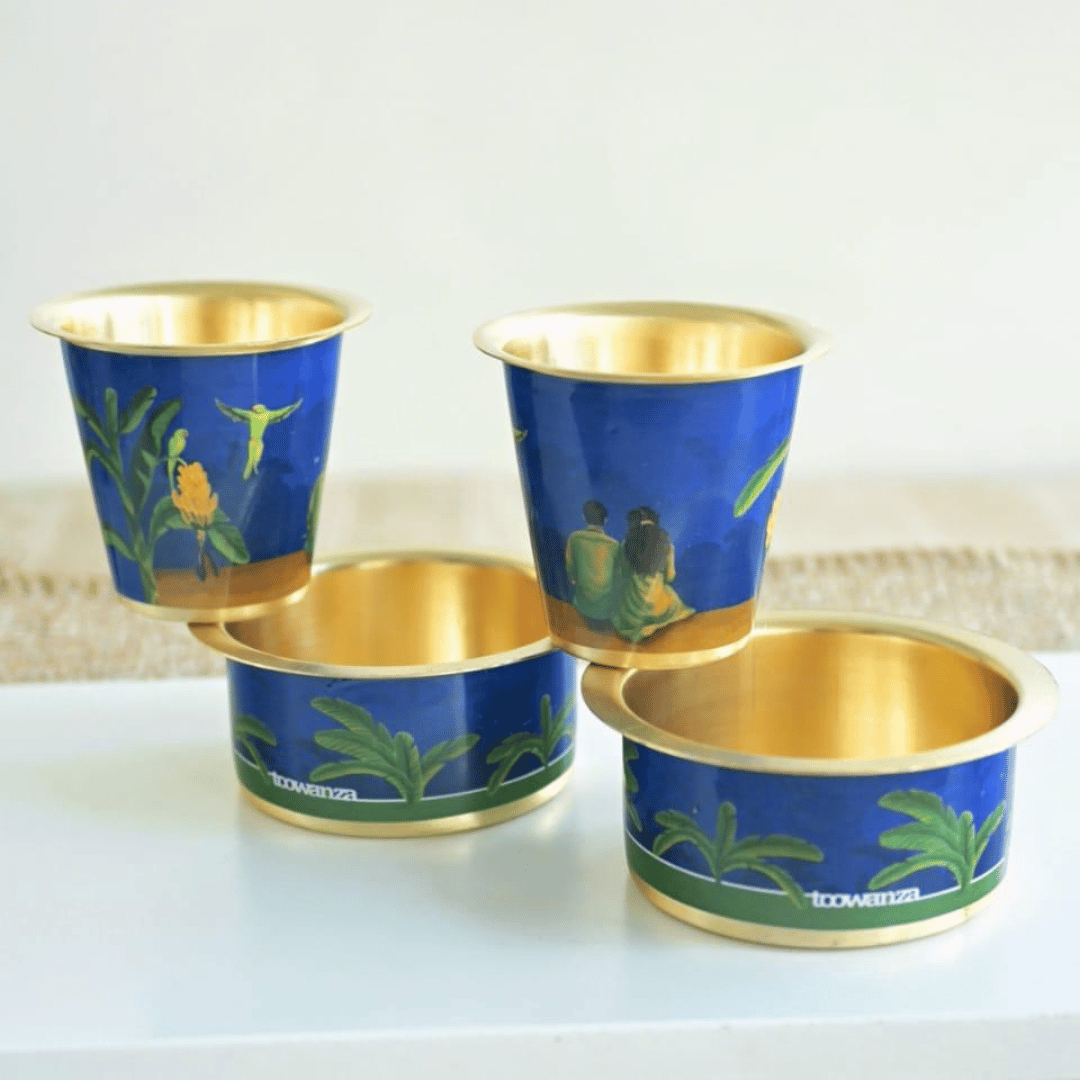 Pichwai Design Brass Coffee Dabara Set – Gold Plated South Indian Filter Coffee Tumbler with Corrugated Box