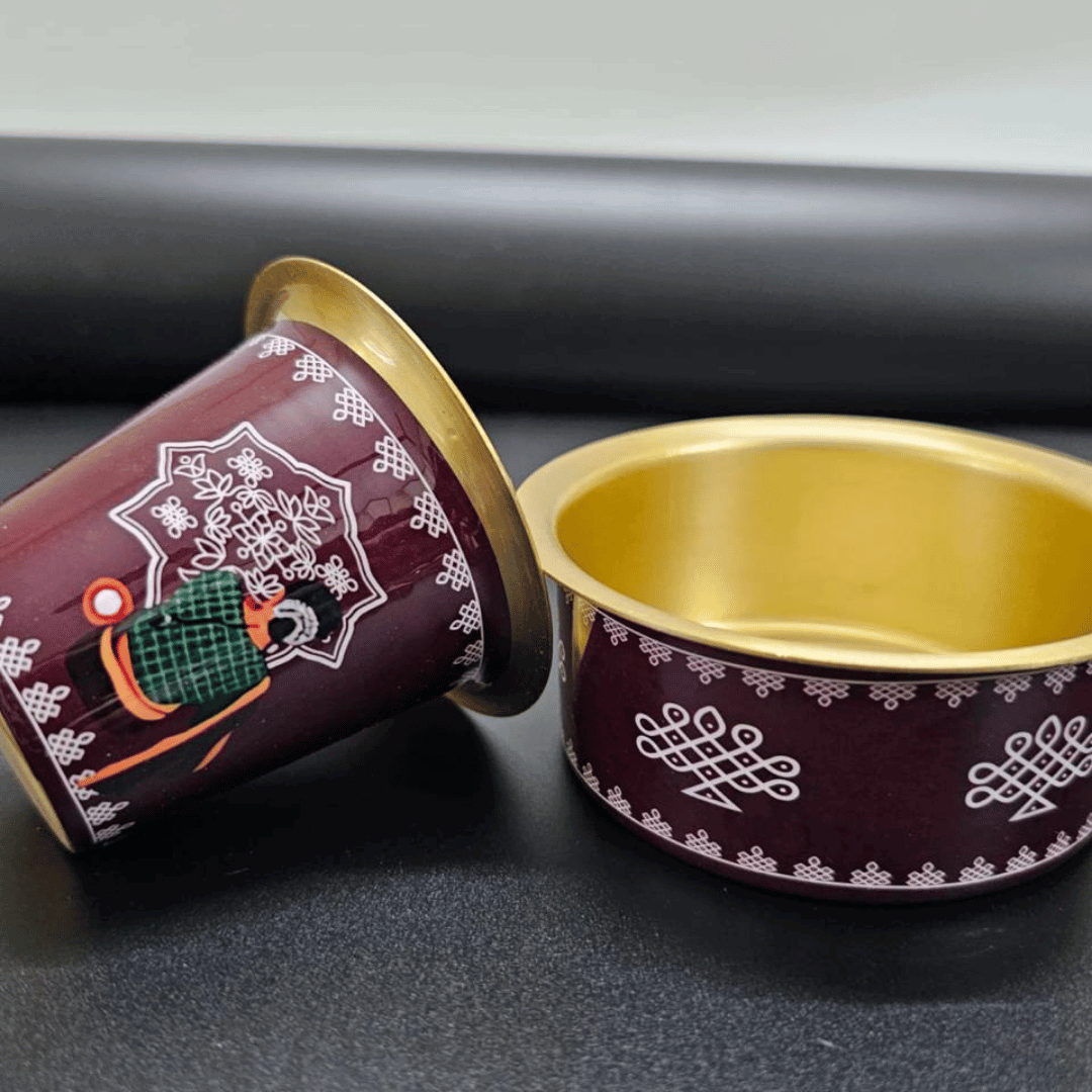 Pichwai Design Brass Coffee Dabara Set – Gold Plated South Indian Filter Coffee Tumbler with Corrugated Box