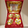 German Silver & Gold Plated Lotus Design Four Bowl Set with Tray & Spoons | Premium 10 Pcs Gift Set | GS117