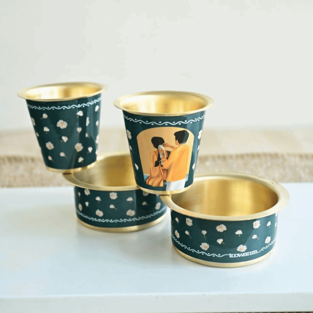 Pichwai Design Brass Coffee Dabara Set – Gold Plated South Indian Filter Coffee Tumbler with Corrugated Box