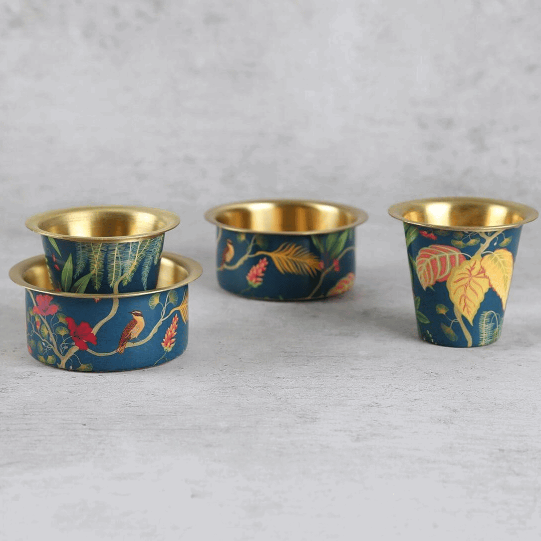 Pichwai Design Brass Coffee Dabara Set – Gold Plated South Indian Filter Coffee Tumbler with Corrugated Box