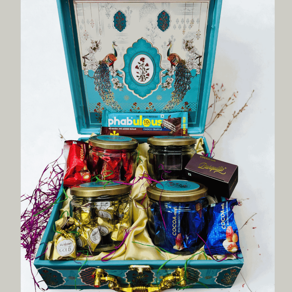 Royal Indulgence 4 IN 1 Jar Box Gift Hamper – Luxury Chocolates, Kunafa from Dubai, Protein Bar & Custom Festive Gifting