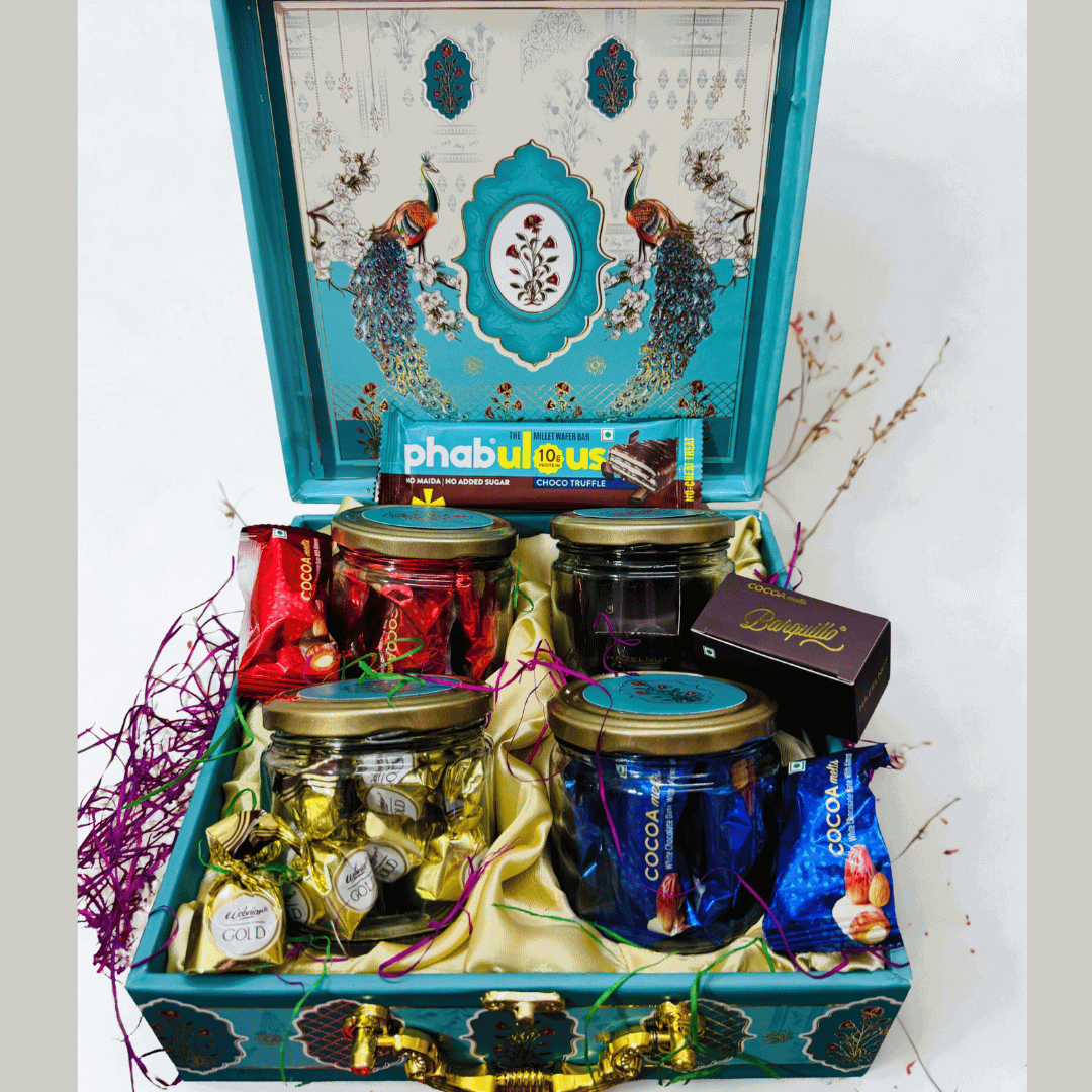 Royal Indulgence 4 IN 1 Jar Box Gift Hamper – Luxury Chocolates, Kunafa from Dubai, Protein Bar & Custom Festive Gifting