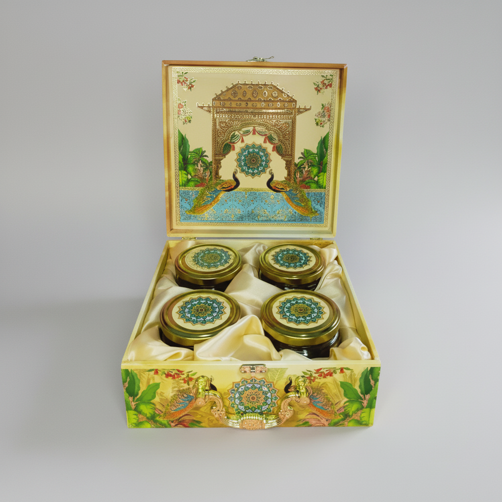 Decorative box with four jars inside, surrounded by sparklers on a dark background
