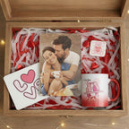 Gift set with a mug, photo, and card in a wooden box
