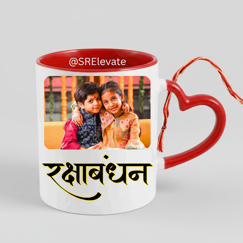 Personalized Raksha Bandhan Photo Mug with Heart Handle – Custom Gift for Brother & Sister | Rakhi 2025 Special