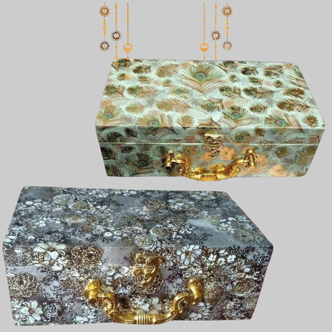 Decorative boxes with intricate patterns and gold accents on a purple background.